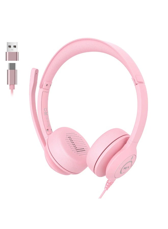 onikuma X37 Professional Wired Computer Headset with Noise Cancelling Microphone, HD Clear Audio, Adjustable Metal Headband and Comfortable Over-Ear Design with USB & Type-C Connectivity for Call Center and Office Use -Pink - Image 1